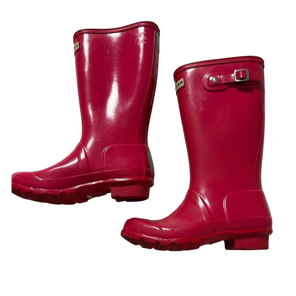 Hunter Rain Boots Girls Size 3G Deep Pink Original Kids Gloss Reflective Panels